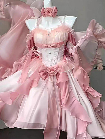 ピンククリスマス ゴシック ロリータ ドレス リボン 赤 ピンク 白 サッシュ ホルターネック