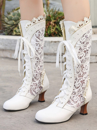 White Classic Lace Lolita Boots PU Leather Round Toe Black Lolita Shoes