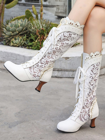 Classic Lace Lolita Boots PU Leather Round Toe Black Lolita Shoes