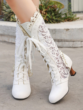 Classic Lace Lolita Boots PU Leather Round Toe Black Lolita Shoes