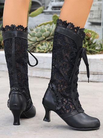 Classic Lace Lolita Boots PU Leather Round Toe Black Lolita Shoes