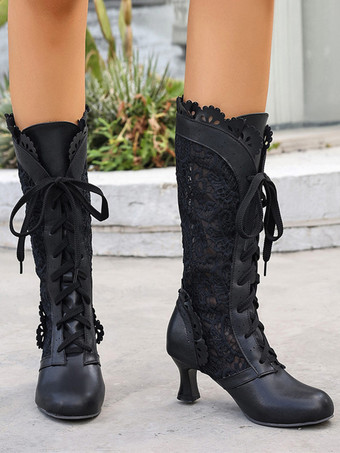 Classic Lace Lolita Boots PU Leather Round Toe Black Lolita Shoes