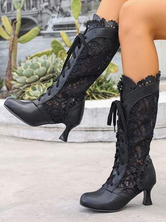 Classic Lace Lolita Boots PU Leather Round Toe Black Lolita Shoes