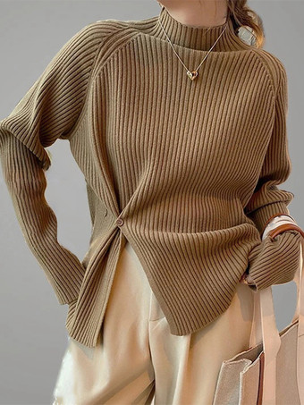 ラクダ色 カジュアル ハイカラー エクリュ ホワイト 長袖 ロースリット ボタン トップス ニットトップス レディース ファッション