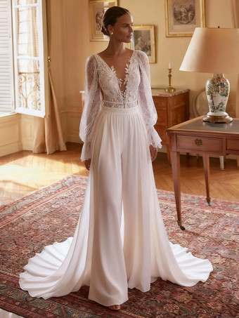 ブライダルジャンプスーツ シフォン レース トレーン付き ツーピース イリュージョンネックライン 長袖 ナチュラルウエスト アイボリー