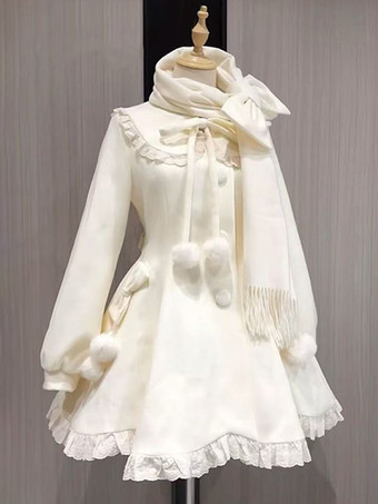 White Sweet Lolita Coats Pink Pom Poms Overcoat Winter Lolita Coat With Scarf
