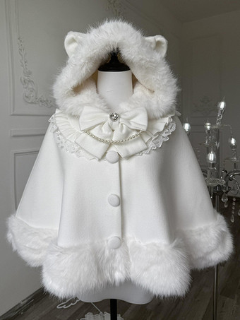 Bianco Cappotto Lolita con fiocchi bianchi soprabito a maniche lunghe cappotto invernale Lolita mantello