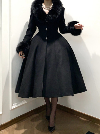 negro Abrigo Lolita gótico clásico abrigo negro con fajín abrigo Lolita de invierno