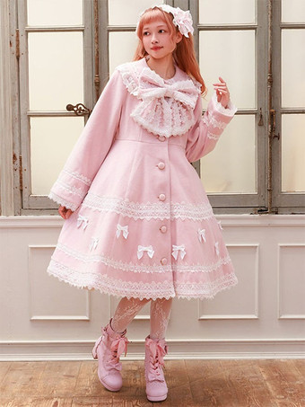 ソフトピンクスイートロリータコート ソフトピンクパープルリボンレース長袖オーバーコート 冬用ロリータコート