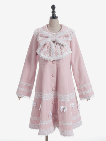 スイートロリータコート ソフトピンクパープルリボンレース長袖オーバーコート 冬用ロリータコート