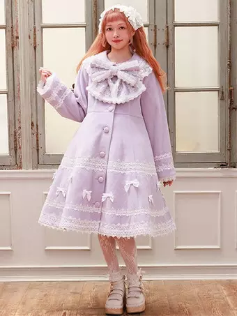 スイートロリータコート ソフトピンクパープルリボンレース長袖