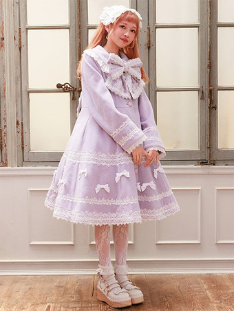 スイートロリータコート ソフトピンクパープルリボンレース長袖オーバーコート 冬用ロリータコート