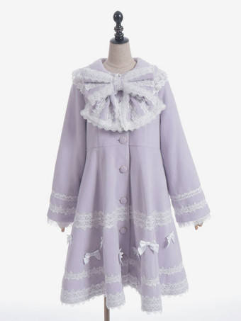 スイートロリータコート ソフトピンクパープルリボンレース長袖オーバーコート 冬用ロリータコート