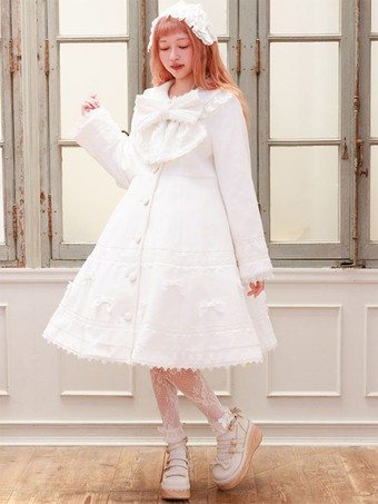 ホワイト スイートロリータコート ソフトピンクパープルリボンレース長袖オーバーコート 冬用ロリータコート