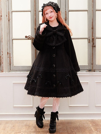 ブラック スイートロリータコート ソフトピンクパープルリボンレース長袖オーバーコート 冬用ロリータコート
