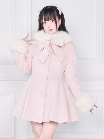 スイートロリータコート ピンク ブラック リボン オーバーコート 長袖 秋 ロリータコート