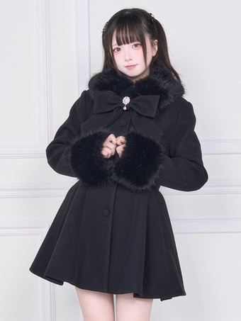 スイートロリータコート ピンク ブラック リボン オーバーコート 長袖 秋 ロリータコート