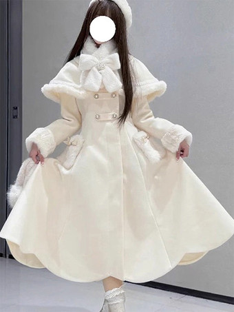 ホワイト スイートロリータコート ピンクホワイトリボン付きマントオーバーコート 冬用ロリータコート