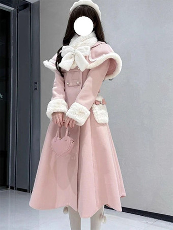 スイートロリータコート ピンクホワイトリボン付きマントオーバーコート 冬用ロリータコート