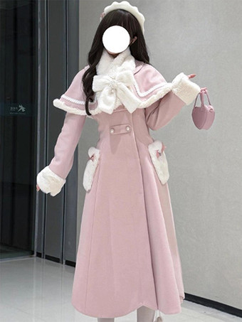 スイートロリータコート ピンクホワイトリボン付きマントオーバーコート 冬用ロリータコート
