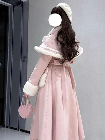 スイートロリータコート ピンクホワイトリボン付きマントオーバーコート 冬用ロリータコート