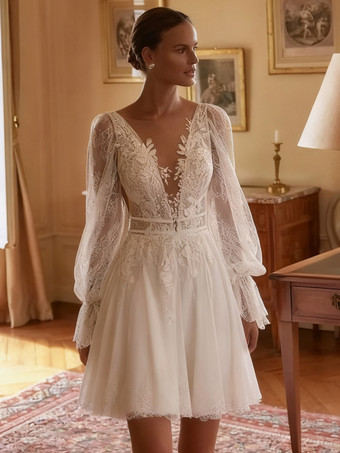 ショート丈ウェディングドレス Vネック 長袖 ショート丈 ショート丈 ブライダルドレス