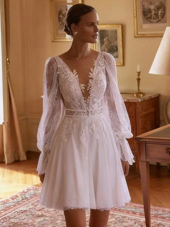 BlancoVestido de novia corto con escote en V y mangas largas.
