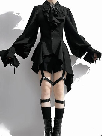 ブラック ゴシック王子王子ロリータブラウス黒シャツ長袖フリルロリータシャツ