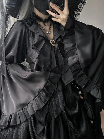 Set di abiti Gothic Lolita con volant neri maniche lunghe a campana top e gonna