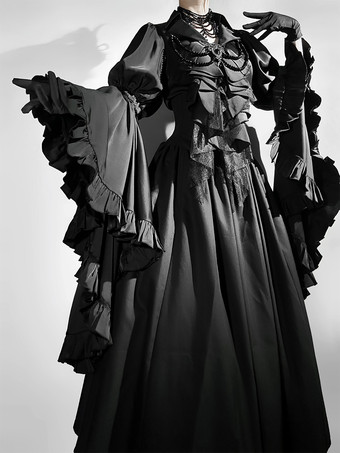 Nero Set di abiti Gothic Lolita con volant neri maniche lunghe a campana top e gonna