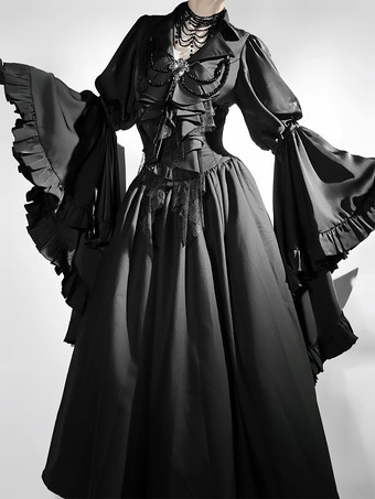Set di abiti Gothic Lolita con volant neri maniche lunghe a campana top e gonna