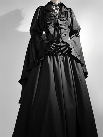 Set di abiti Gothic Lolita con volant neri maniche lunghe a campana top e gonna