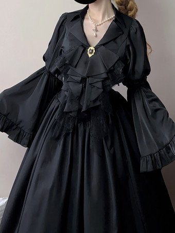 Set di abiti Gothic Lolita con volant neri maniche lunghe a campana top e gonna