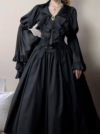 Set di abiti Gothic Lolita con volant neri maniche lunghe a campana top e gonna