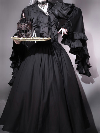 Set di abiti Gothic Lolita con volant neri maniche lunghe a campana top e gonna