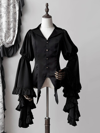 Set di abiti Gothic Lolita con volant neri maniche lunghe a campana top e gonna