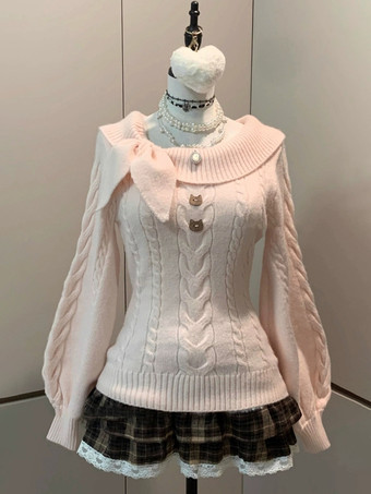 Sweet Lolita Sweater Kawaii Sweet Off Shoulder Bow Cable Knit Sweater Cat Button Slim Knit Top