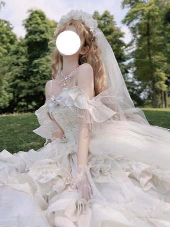 フェアリースイートロリータドレス ノースリーブ フリル スイートドレス シャンパン オフショルダー ウェディングロリータガウン