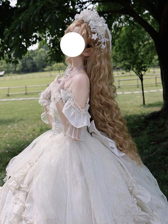 フェアリースイートロリータドレス ノースリーブ フリル スイートドレス シャンパン オフショルダー ウェディングロリータガウン