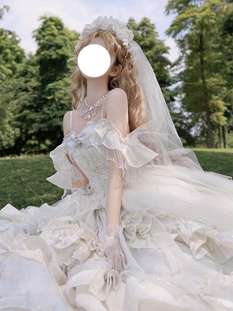 フェアリースイートロリータドレス ノースリーブ フリル スイートドレス シャンパン オフショルダー ウェディングロリータガウン