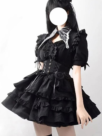 Black Gothic Lolita Outfits Ruffles Flowers Short Sleeve Black Top Skirt Sets