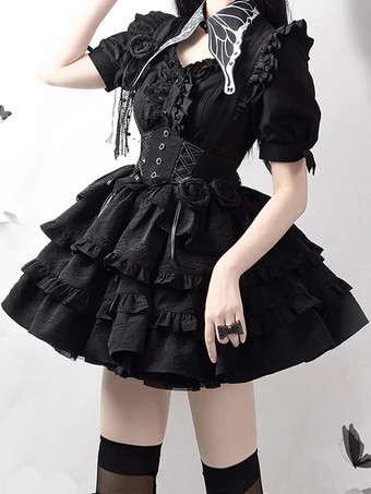Gothic Lolita Outfits Ruffles Flowers Short Sleeve Black Top Skirt Sets