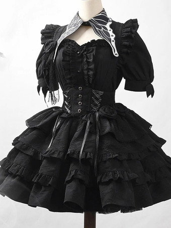 Gothic Lolita Outfits Ruffles Flowers Short Sleeve Black Top Skirt Sets