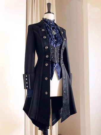 Nero Cappotto Lolita Gothic Ouji Prince Cappotto Nero Trench Manica Lunga Cappotto Lolita