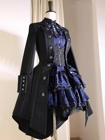 Cappotto Lolita Gothic Ouji Prince Cappotto Nero Trench Manica Lunga Cappotto Lolita