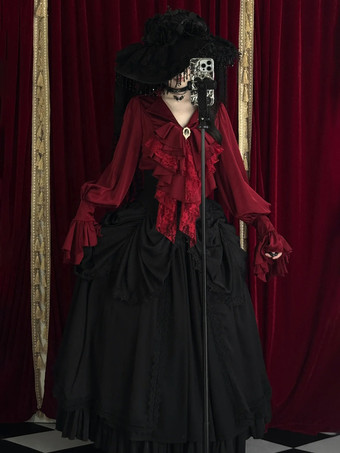 Rosso Set di abiti Gothic Lolita con volant neri maniche lunghe a campana top e gonna