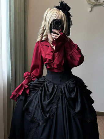 Set di abiti Gothic Lolita con volant neri maniche lunghe a campana top e gonna