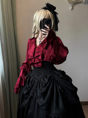 Set di abiti Gothic Lolita con volant neri maniche lunghe a campana top e gonna