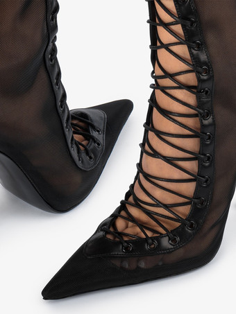 ハイヒールブーツ レディース メッシュ ポインテッドトゥ レースアップ アンクルブーツ