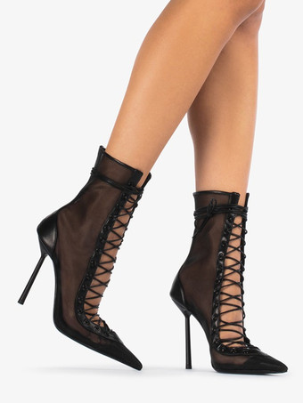 ハイヒールブーツ レディース メッシュ ポインテッドトゥ レースアップ アンクルブーツ